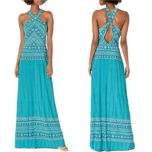 BCBGMaxAzria Liena Knit Cross Front Maxi Dress Size Large Blue Surf Combo